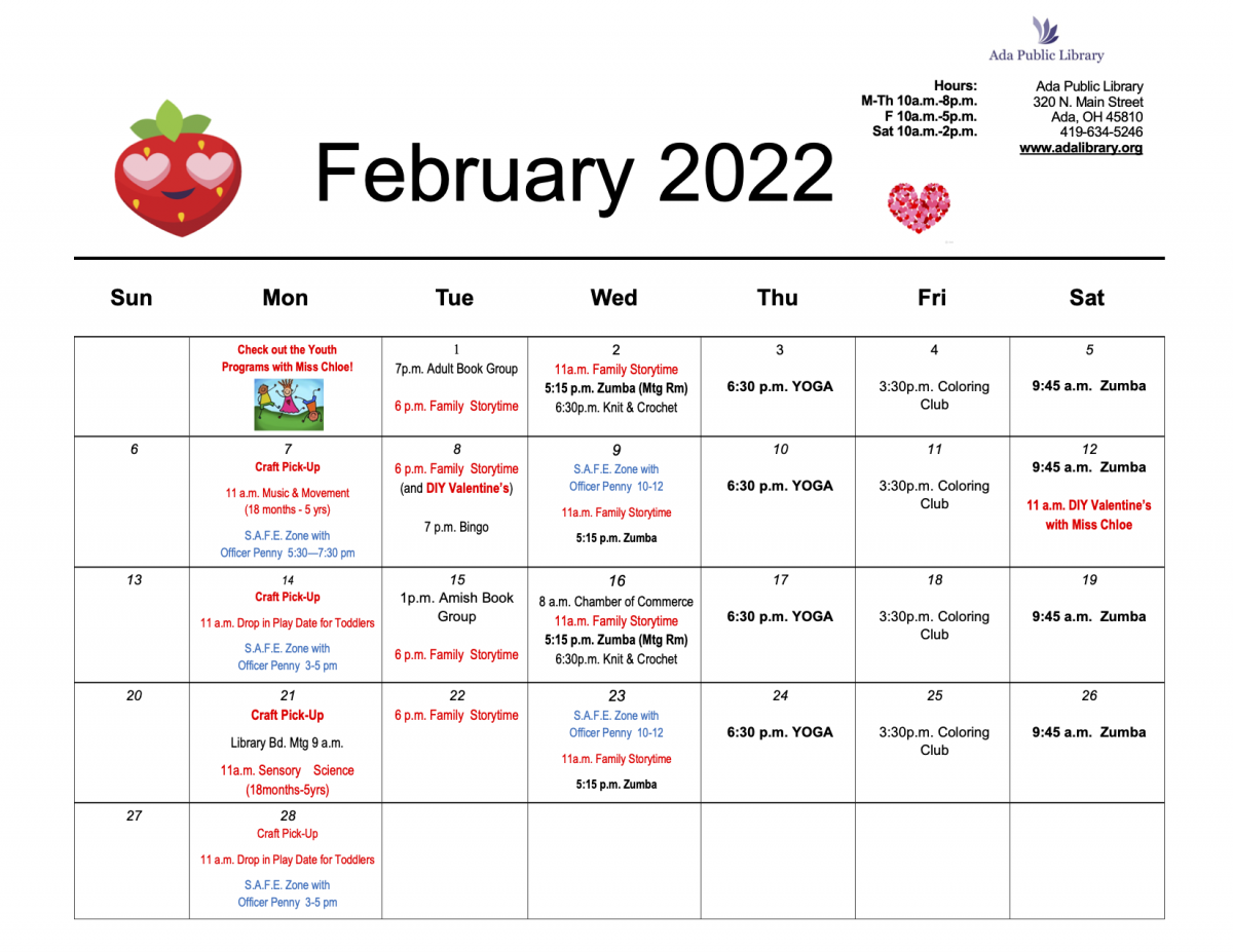 February 2022 Ada Public Library Calendar Ada Icon