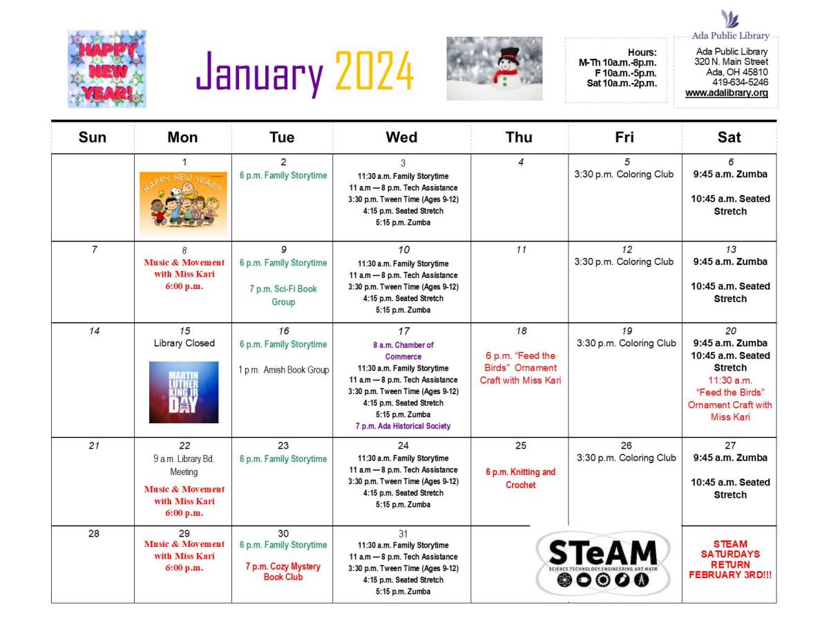 GRAPHIC January 2024 Ada Public Library Calendar Ada Icon