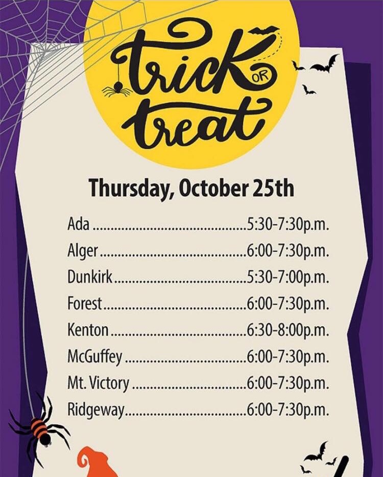 Trick or treat schedule for Hardin County communities tomorrow Ada Icon