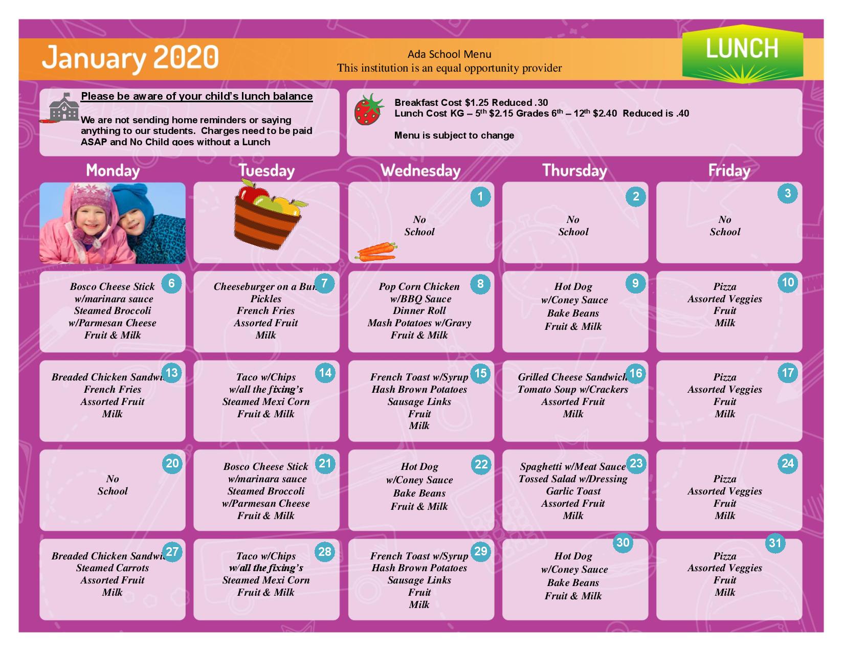 School Lunch Menu For January Ada Icon