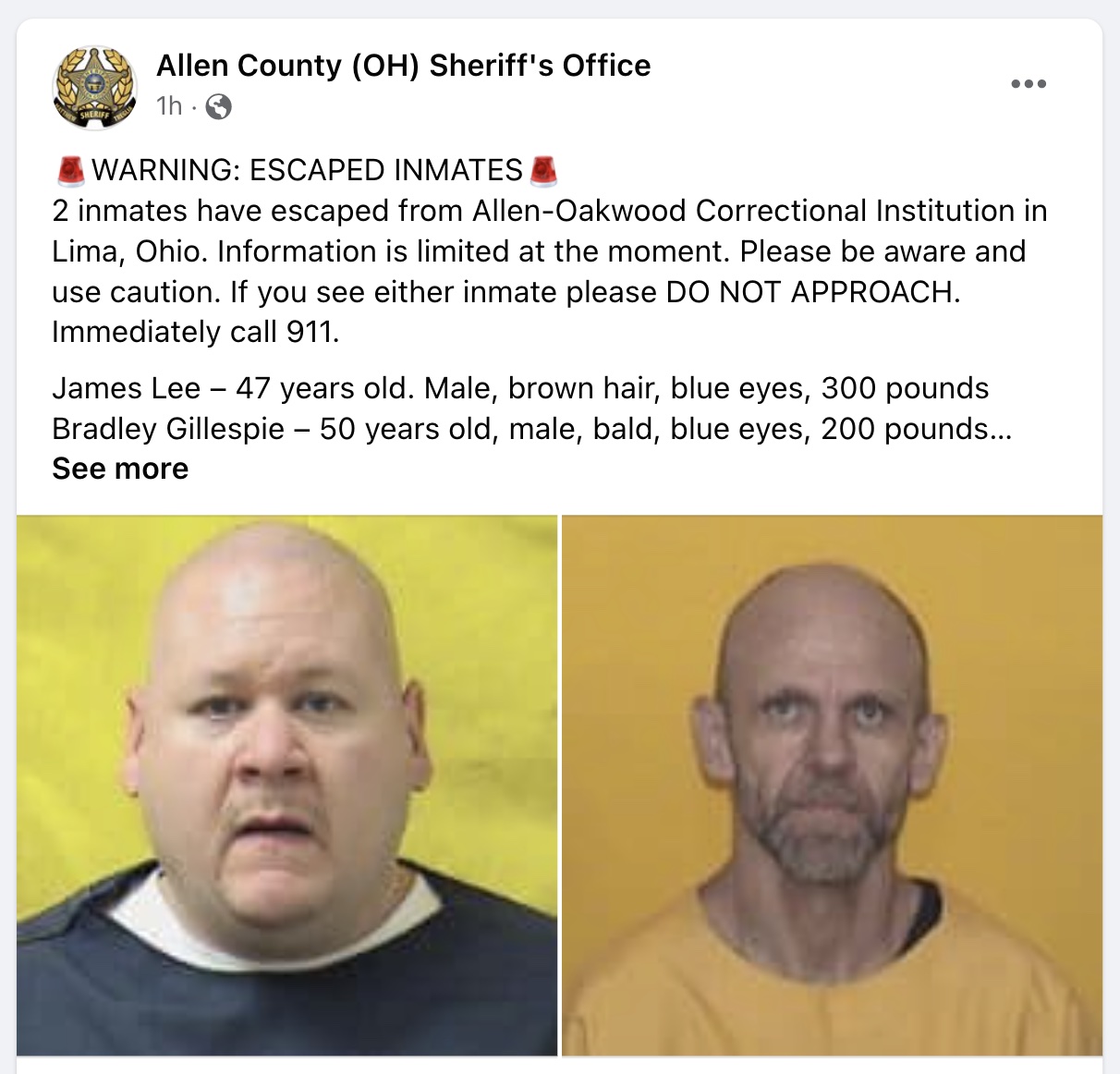Two inmates escape from AllenOakwood Correctional Institution Ada Icon