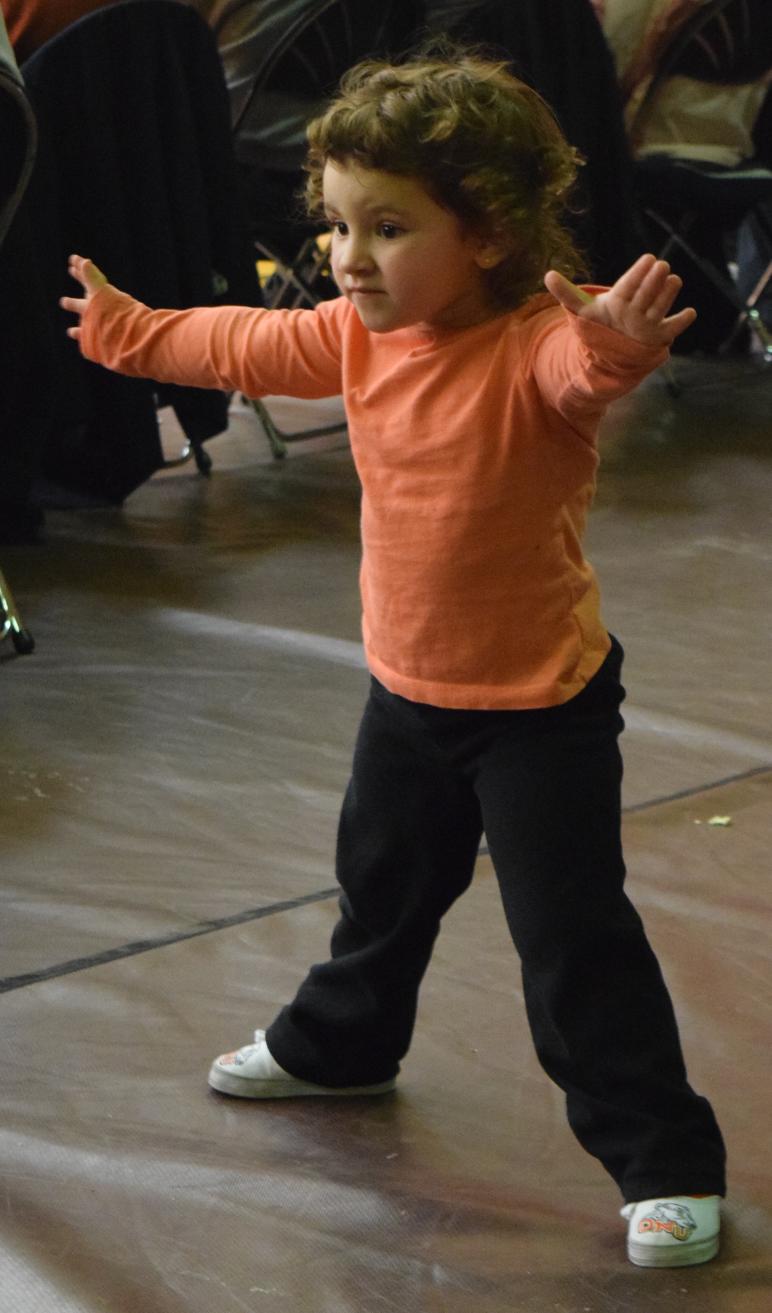This little lass seems to be saying, “Stop those Pioneers.” However, the efforts of this future cheerleaders went for naught as the Marietta College Pioneers downed the Lady Bears by 17 points on Saturday at King-Horn. (Monty Siekerman photo)