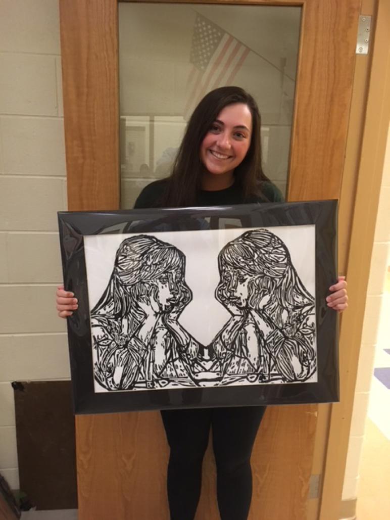 Kylie Gaugenti, linocut, “Reflective.” She won second place in printmaking.