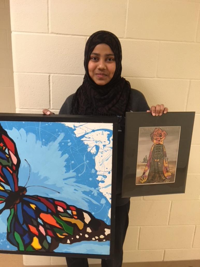 Sumaya Tasnim. She has two pieces; a butterfly painting and a small mixed media piece.
