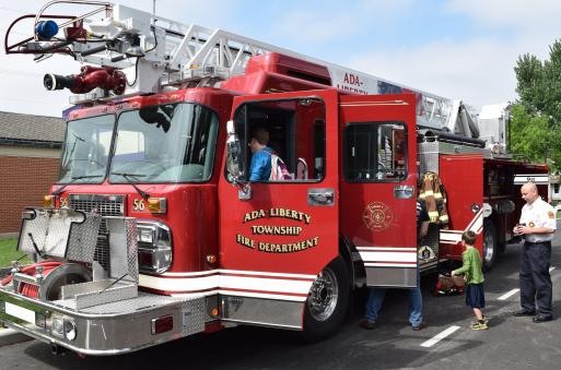 An Ada-Liberty Fire Department ladder truck. The ladder can reach up to 75 feet.