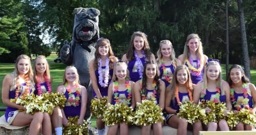 Varsity cheerleaders and a bulldog