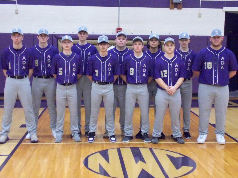 Returning Ada baseball lettermen, from left, front: Levi Sousley, Kaine Fisher, Levi Green, Jacob Sutherly, Zach Neiswander. Row two: Spencer Wall, Ethan Lawrence, Dalton Amos, Max Puerto, Roman Snyder / PHOTO by Cort Reynolds