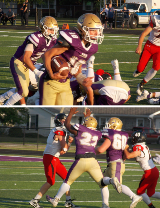 Top) Ada junior QB Levi Green runs to daylight. Below) Ada's Jalee Bolden and Dalton Amos (60) pressure Ram QB Alex Sanders / PHOTOS by Cort Reynolds
